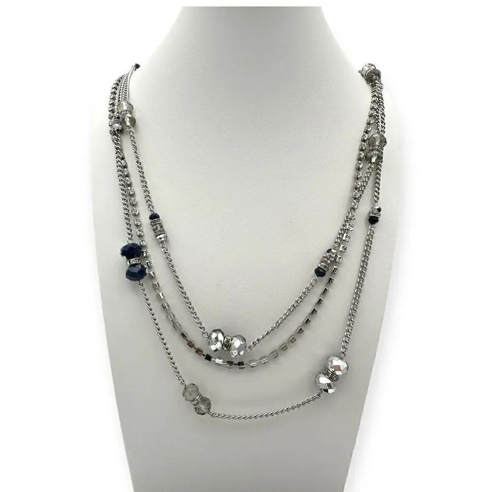 Long Opera/Rope length 3-tiered necklace silver toned with beads 35 inches long